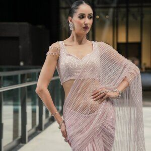 Pink Ombre Net Hand Embroidered Pre-Draped Saree Set